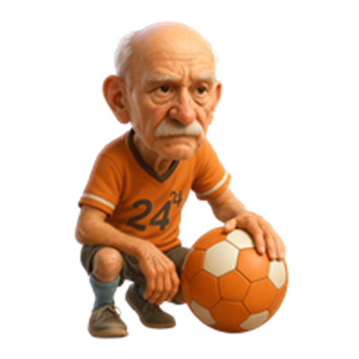 En karikatur af en ældre mand iført en orange fodboldtrøje, der squatter med en fodbold.