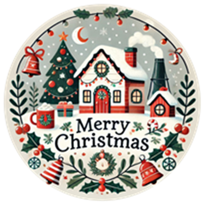 Illustration af et julehus med træ, gaver og festlige dekorationer.