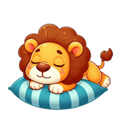 En sød, tegneserieagtig løve, der sover på en stribet pude.