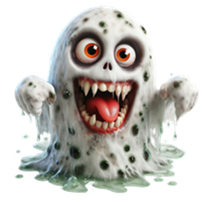 Et farverigt og komisk spøgelse med store øjne og en bred mundfuld tænder, omgivet af slim.