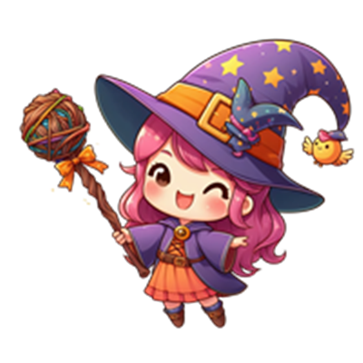 En farverig, tegneserieagtig heks med lilla hat og tryllestav, der smiler og holder en lille fugl.