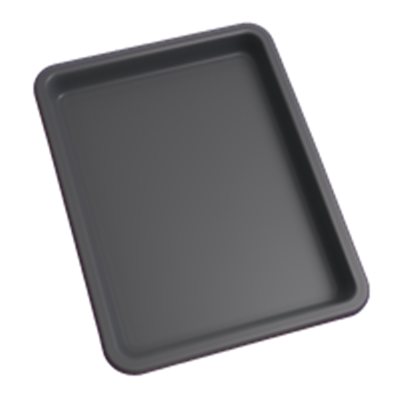 En rektangulær bageplade i sort farve, ideel til bagning og madlavning.