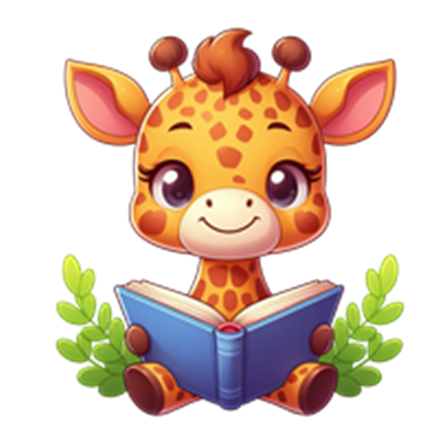 En sød, animeret giraf, der sidder med en bog omgivet af grønne blade.