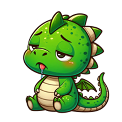 En sød, grøn drage med et træt udtryk, der sidder ned og ser ud til at være ked af det.