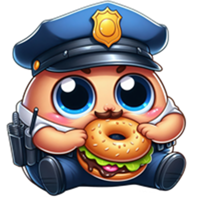 En tegneserieagtig politibetjent med store øjne, der holder en donut og ser glad ud.