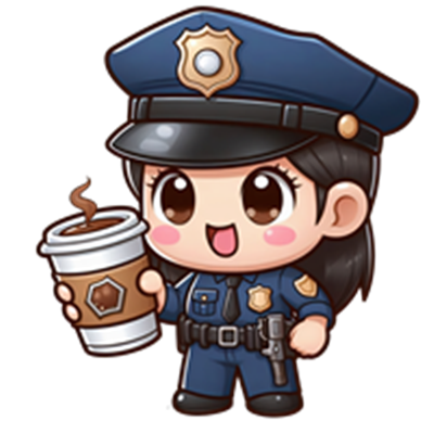 En sød, animeret politibetjent med en kop kaffe, iført uniform og hat.