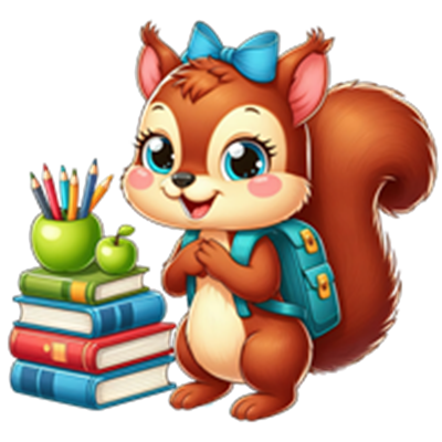 Et nuttet egern med en blå sløjfe står ved siden af bøger, en grøn æble og farveblyanter.