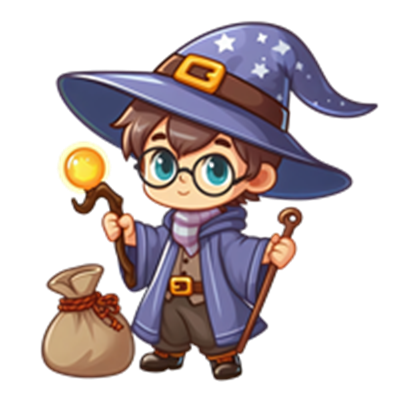En sød, ung troldmand iført en stjerneprydet hat, holder en tryllestav og en pose.