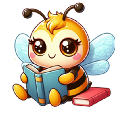 En sød, animeret bi med store øjne, der sidder og læser en bog, omgivet af bøger.