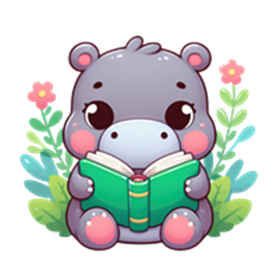 En nuttet flodhestunge sidder med en grøn bog blandt farverige blomster.