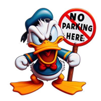 En tegneseriefigur af en and, der holder et skilt med NO PARKING HERE!.