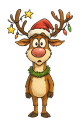 Et tegnet rensdyr iført en julesok og en grøn krans, med lys og stjerner.