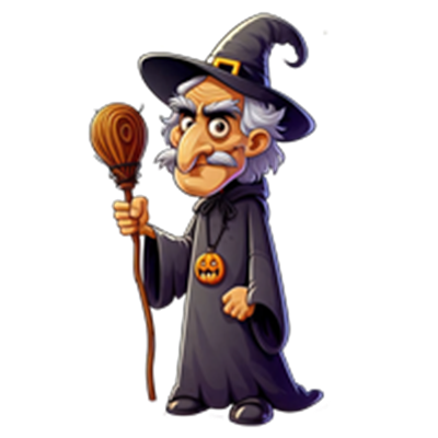 En tegnet heks med gråt hår, en sort kappe og en tryllestav, der holder en græskarvedhæng.