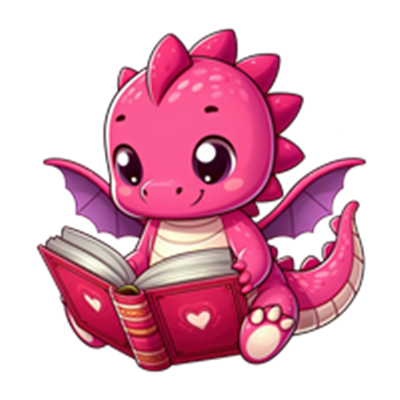 En lille, sød pink drage sidder og læser en bog med et hjerte på omslaget.