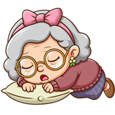 En sød tegneseriefigur af en sovende bedstemor med gråt hår og briller, der hviler på en pude.