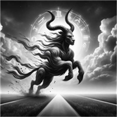 En sort-hvid illustration af en mytisk væsen med horn, der løber mod horisonten.