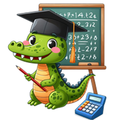 En sød krokodille iført en studenterhue står ved en tavle med matematiske opgaver.