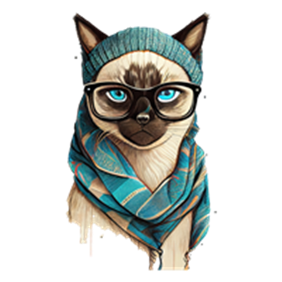 En stiliseret kat med briller, iført en hue og et tørklæde, der udstråler hipster-vibe.