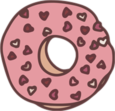 En farverig donut med lyserød glasur og hjerteformede drys på toppen.