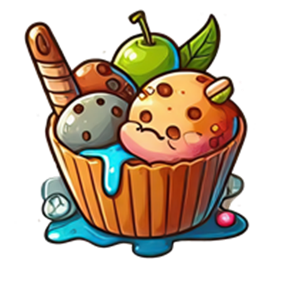 En illustration af en isvaffel fyldt med forskellige is-smage og toppings.