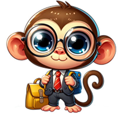En sød, animeret abe iført briller og jakkesæt, der bærer en taske.