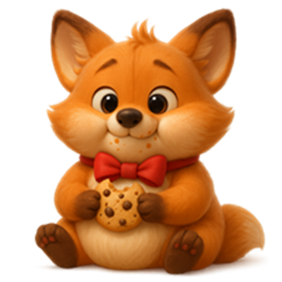 En charmerende, tegnet ræv sidder med en småkage og bærer en rød sløjfe.