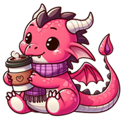 En nuttet pink drage iført et tørklæde, der holder en kaffekop og ser glad ud.