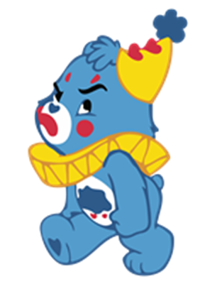 En blå bjørn iført en klovnehat og farverig krave, ser sur ud.