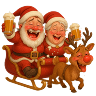 To glade julemander nyder øl i en slæde sammen med et smilende rensdyr.