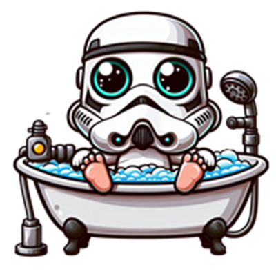 En tegneserieagtig stormtrooper med store øjne, der sidder i et badekar fyldt med skum.