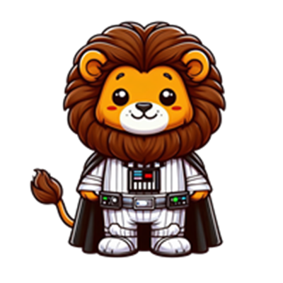 En charmerende tegneserie-løve iført en sci-fi-inspireret dragt og kappe.