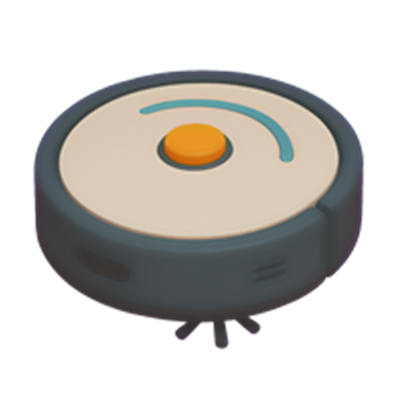 En kompakt robotstøvsuger med en rund form og en orange knap på toppen.