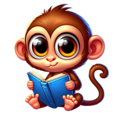 En sød, tegnet abe med store øjne, der sidder og læser en bog.