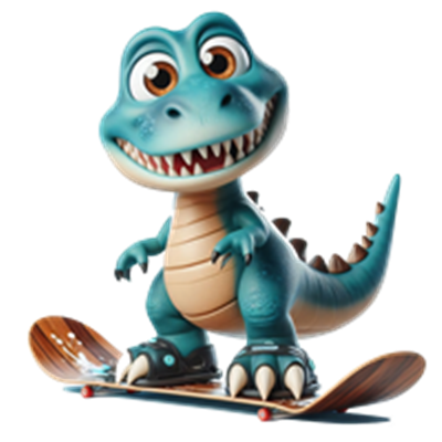 En farverig, venlig dinosaur, der står på snowboard med et stort smil.