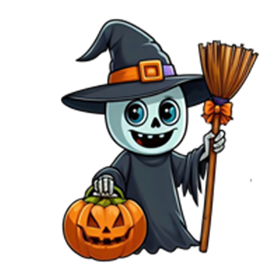 Et tegneserieagtigt spøgelse iført en heksekappe, der holder en kost og et græskar.