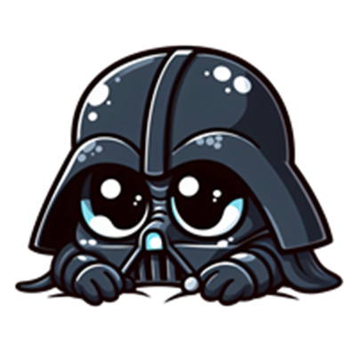 Et sødt, cartoonagtigt billede af Darth Vader med store øjne og en legesyg attitude.