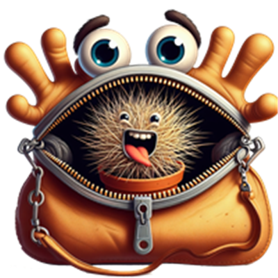 En farverig og sjov illustration af et nuttet væsen med store øjne, der kigger ud af en taske.