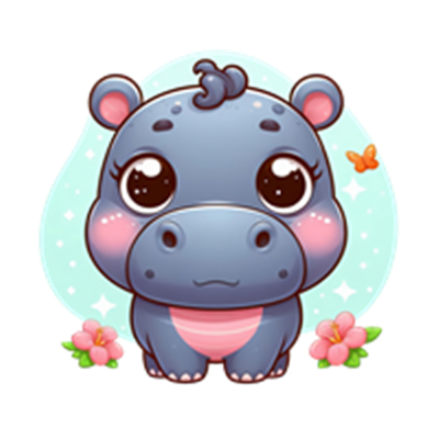 En farverig og nuttet flodhest med store øjne, omgivet af blomster og sommerfugle.