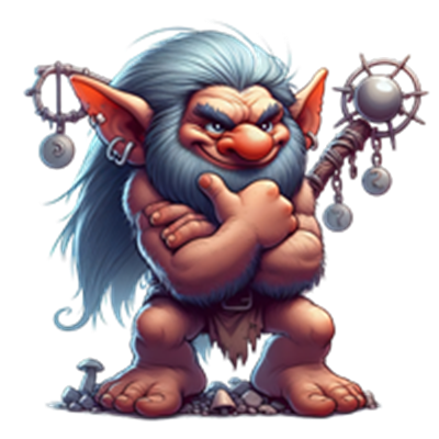 En muskuløs trold med langt gråt hår og en stor stav, der står selvsikkert med armene krydset.