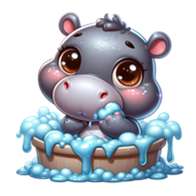 En nuttet flodhestunge sidder i et træbadekar fyldt med skum og bobler.