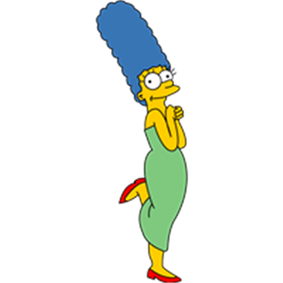 En tegneseriefigur, Marge Simpson, står med hænderne sammen og smiler, iført en grøn kjole.
