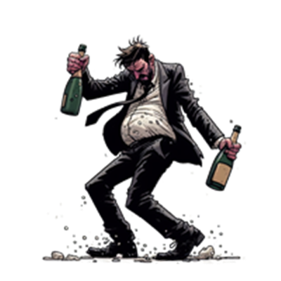 En mand i jakkesæt danser med to champagneflasker, iført en beskidt skjorte.