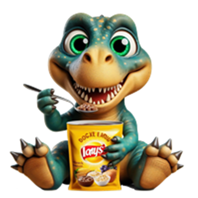 En farverig dinosaurfigur spiser chips fra en Lays-pose og ser glad ud.
