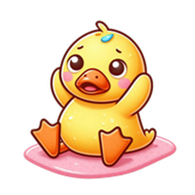 En farverig, tegnet and sidder på en pink overflade med et bekymret ansigt.