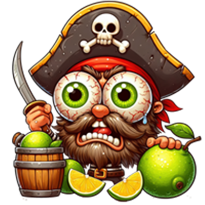 En farverig og humoristisk pirat med store øjne, iført en hat med kranie og en kniv.