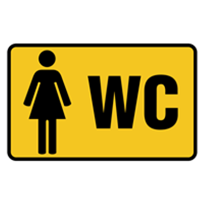 Et skilt der angiver kvindetoilet med en kvinde-ikon og teksten WC.