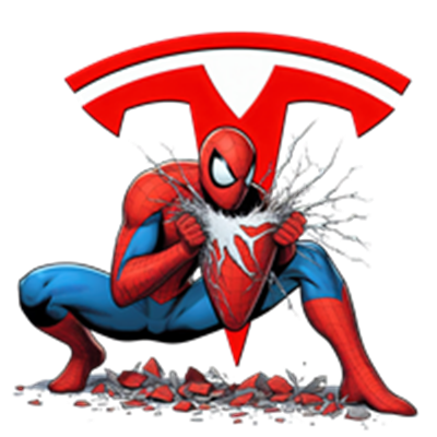 En illustration af Spider-Man, der knuser en Tesla-logo, med en dramatisk baggrund.