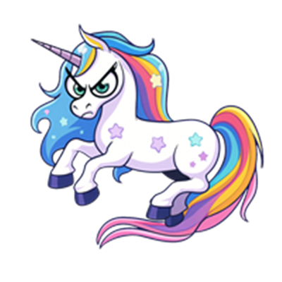Et tegneserieagtigt billede af en sur unicorn med en farverig manke og horn.