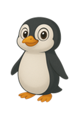 En farverig og venlig tegneseriepingvin med store øjne og en orange næb.