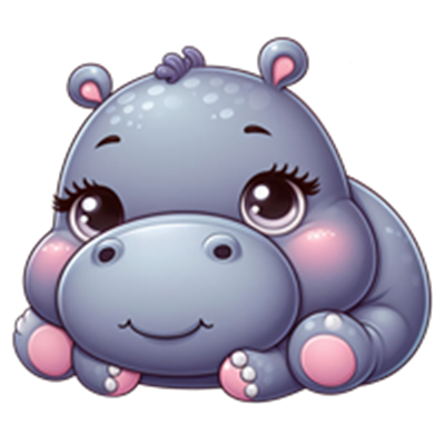 Et nuttet, tegnet billede af en flodhest med store øjne og en glad mine.